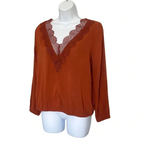 Express Burnt Orange Long Sleeve Blouse, Size Small, Lace-Like V-Neckline - Picture 7 of 10